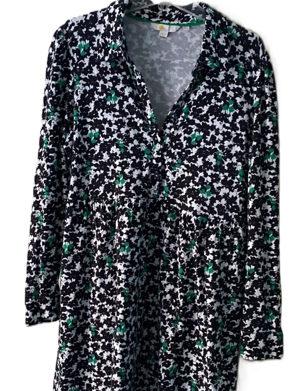 Boden Tunic Top 10P Black White Green Clover Floral Jersey Knit Long Sleeve